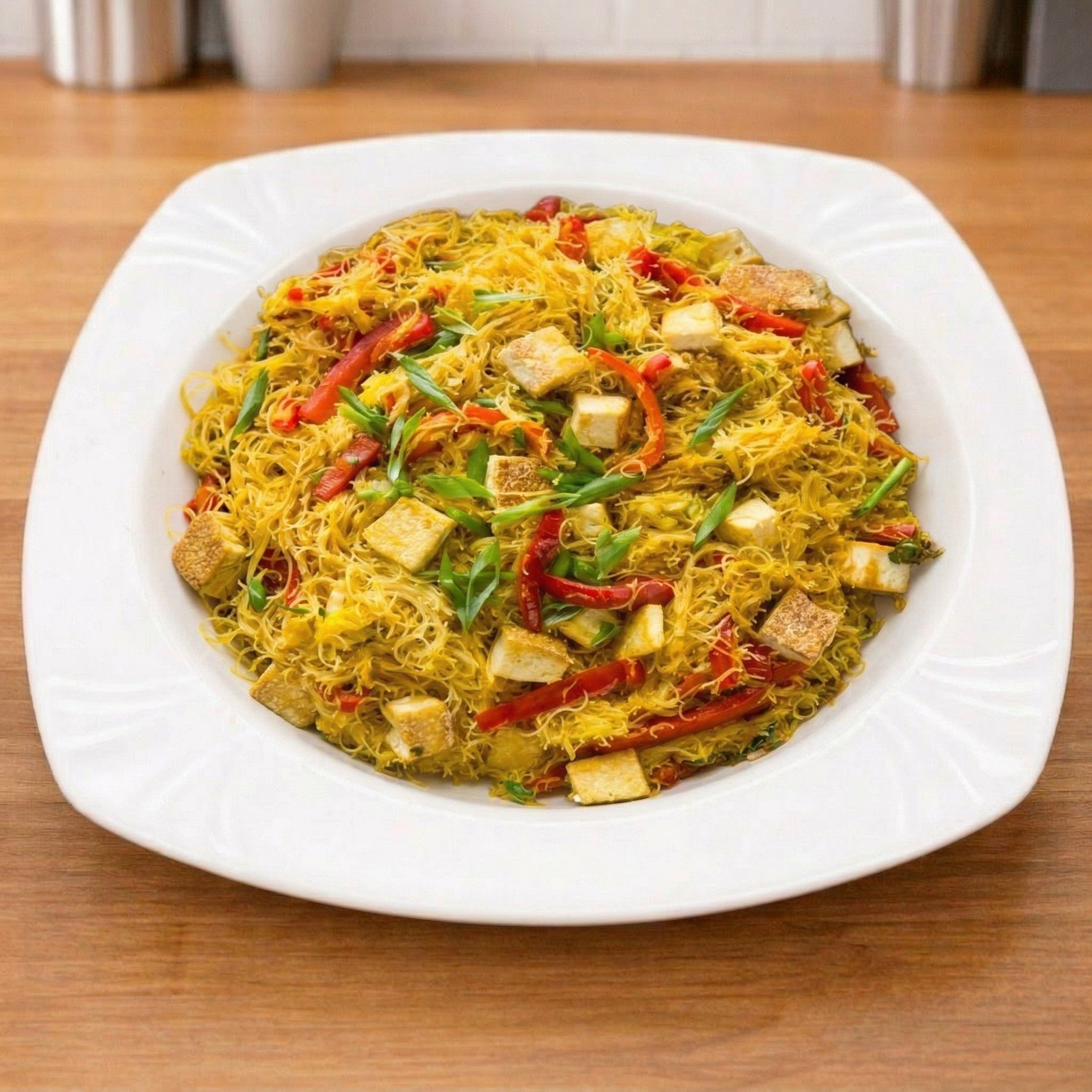 Curry Vermicelli Singapore Style with Fried Tofu.