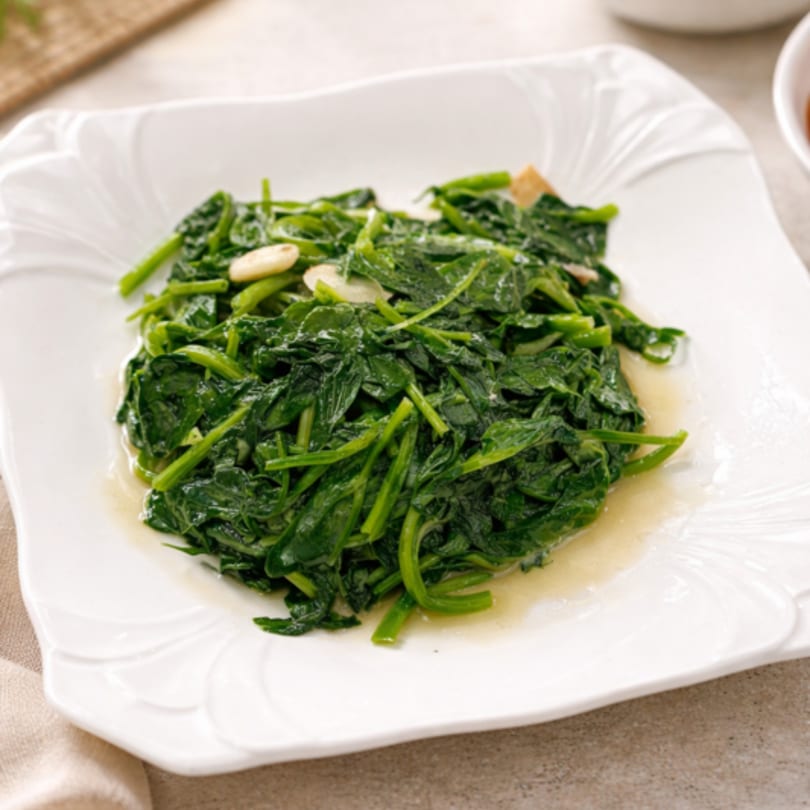 A white square plate filled with vibrant green stir-fried spinach and garlic in a light sauce.