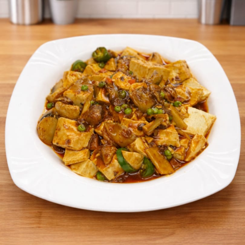 Spicy Mapo Tofu with green peas and chili peppers in a white square bowl on a wooden table.